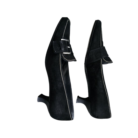 Stuart Weitzman Black Suede Kitten Heels With Silver Buckle. Size 8 - Picture 2 of 7